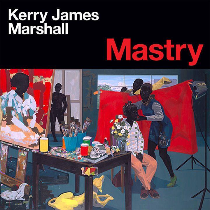 Painting depicting several black persons posing and/or being posed for a painting within an artist's painting studio; the image is graphically cropped by a band of black space across the top with the following overlay text: "Kerry James Marshall Mastry"