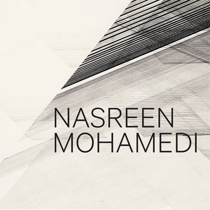 Gradients of architectural, straight, and parallel lines form a matrix prism of transparent and overlapping triangular forms; the following overlay text apprears: Nasreen Mohamedi