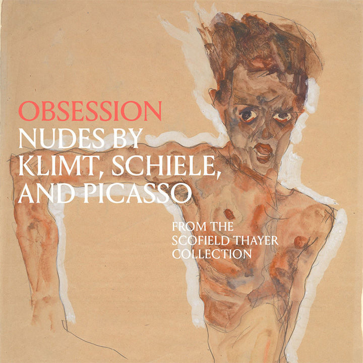 Watercolor drawing of a thin nude male figure outlined in white with the following overlay text: "Obsession Nudes by Klimt, Schiele, and Picasso from the Scofield Thayer Collection