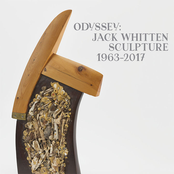 A wooden and mix media sculpture that resembles the shape of a horse head; the following overlay text appears: "Odyssey: Jack Whitten Sculpture 1963-2017"