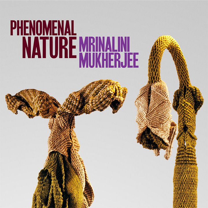 Two earth-tone, textile woven sculptures with a figurative presence against a grey backdrop; the following text appears overhead: "Phenomenal Nature Mrinalini Mukherjee"