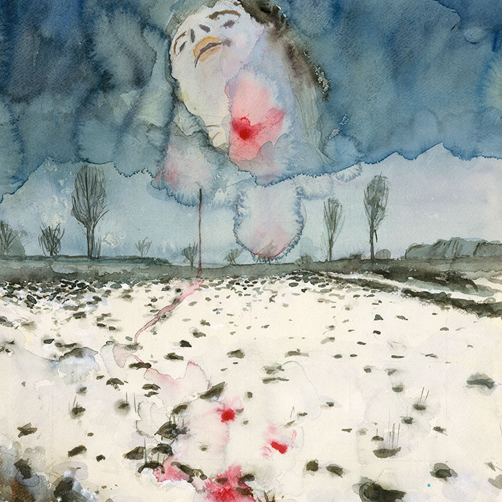 Watercolor illustration of a floating head with red patch on its neck in the sky over an empty snow-covered landscapes with sparse trees on the horizon.