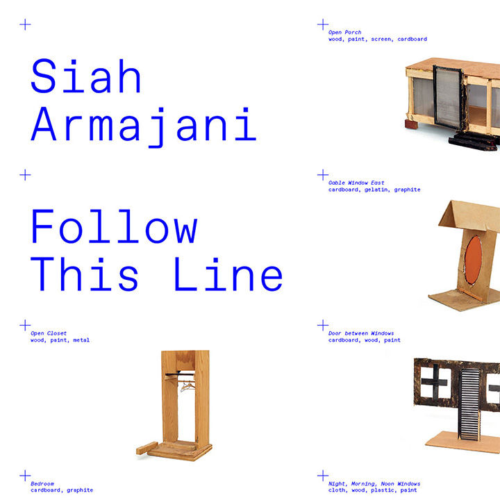Small mix-media sculptures float in a grid of white space with small blue text captions to the left of each sculpture; the following overlay text appears in the upper lefthand corner: "Siah Armajani Follow This Line"