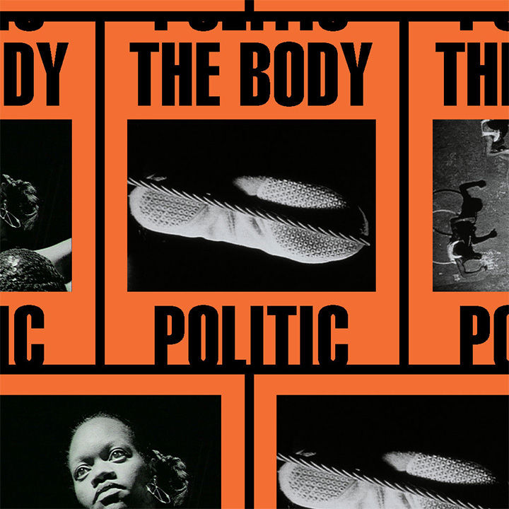 A graphically-designed image composed of orange background tiles outlined in black which frame black-and-white photographs surrounded by the following text: "The Body Politic"