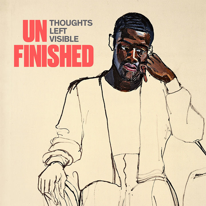 Illustration of a black man sitting in a pondering state with his hand resting on his check; his face is painted in but the rest of his clothed body is rendered in a loose black outline; the following text appears in the upper righthand corner: "Unfinished Thoughts Left Visible"