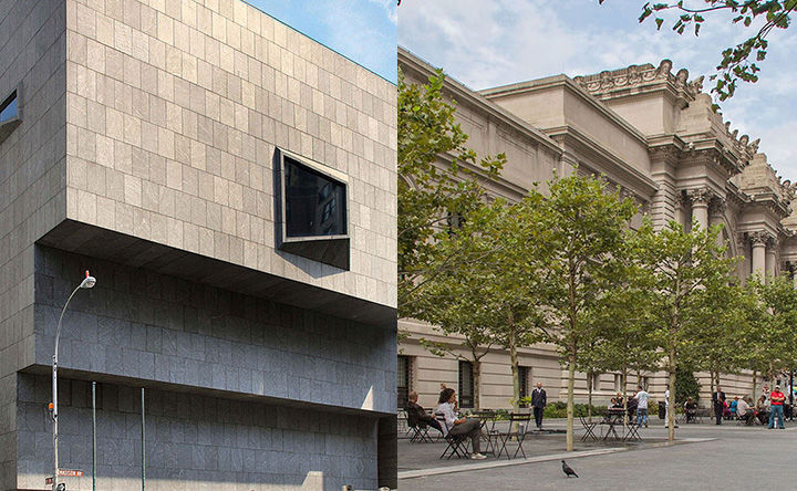 Composite image: at left a close up of the Met Breuer, a concrete building shaped like an upside down pyramid; at right, the Met Museum's tree-lined Fifth Avenue facade entrance