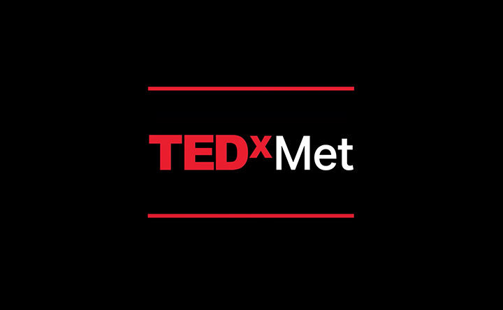 The text "TEDx" appears in red and the text "Met" appears in white, sandwiched between two red lines against a black backdrop
