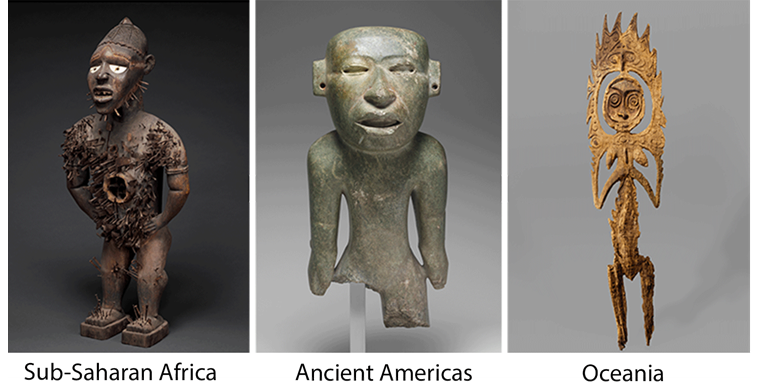 Composite image of three standing figures, one in brown, the other an earthy green, and the other a golden yellow