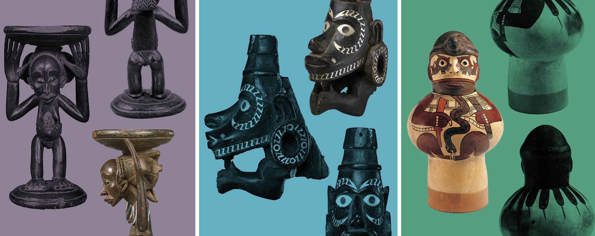 Various wooden figures in a composite of purple, blue, and green backgrounds