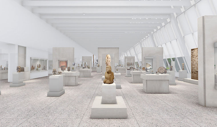 A wooden figurine stand in a brightly lit large gallery