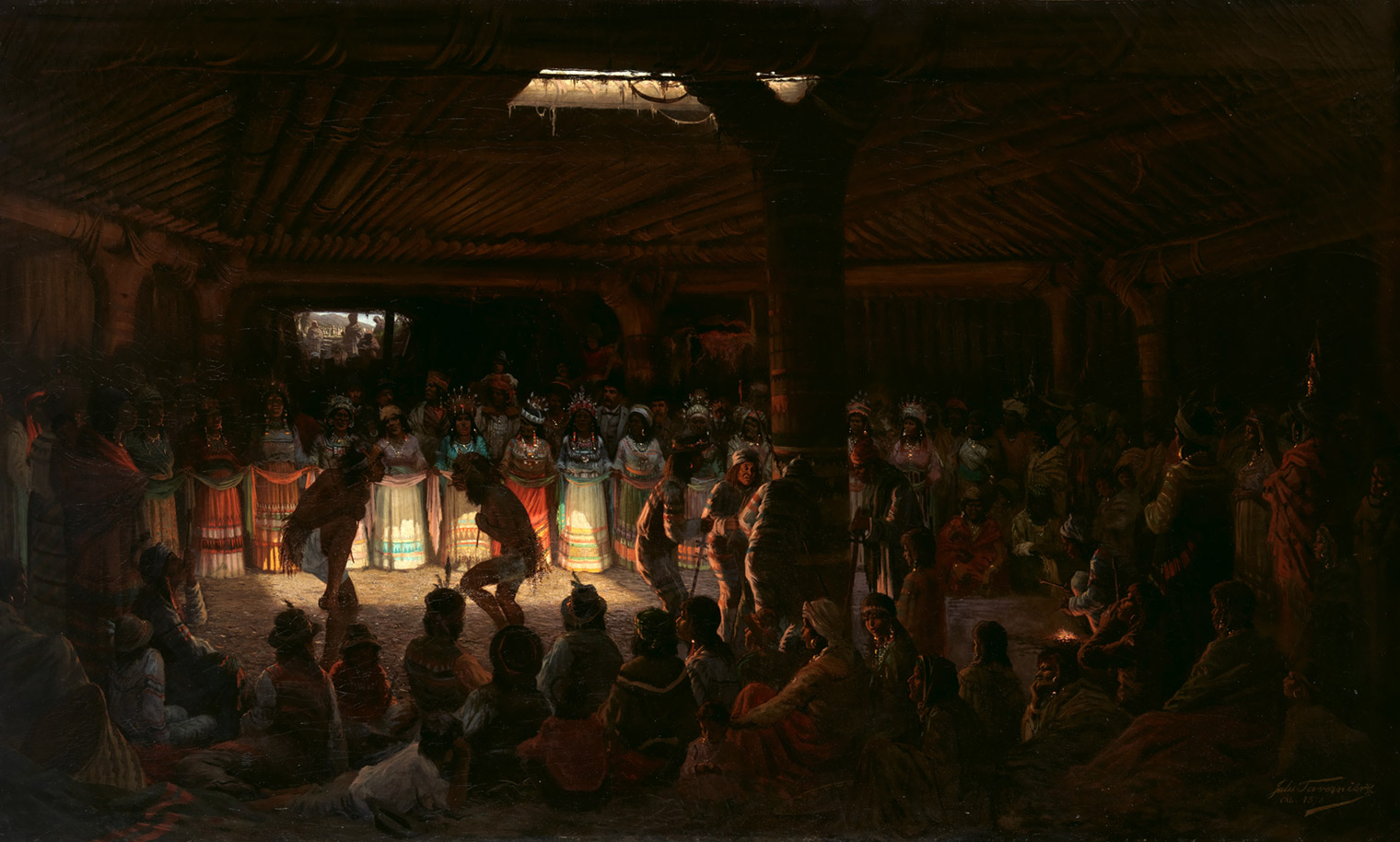 A painting of a dark room lit by a fire, with dancers