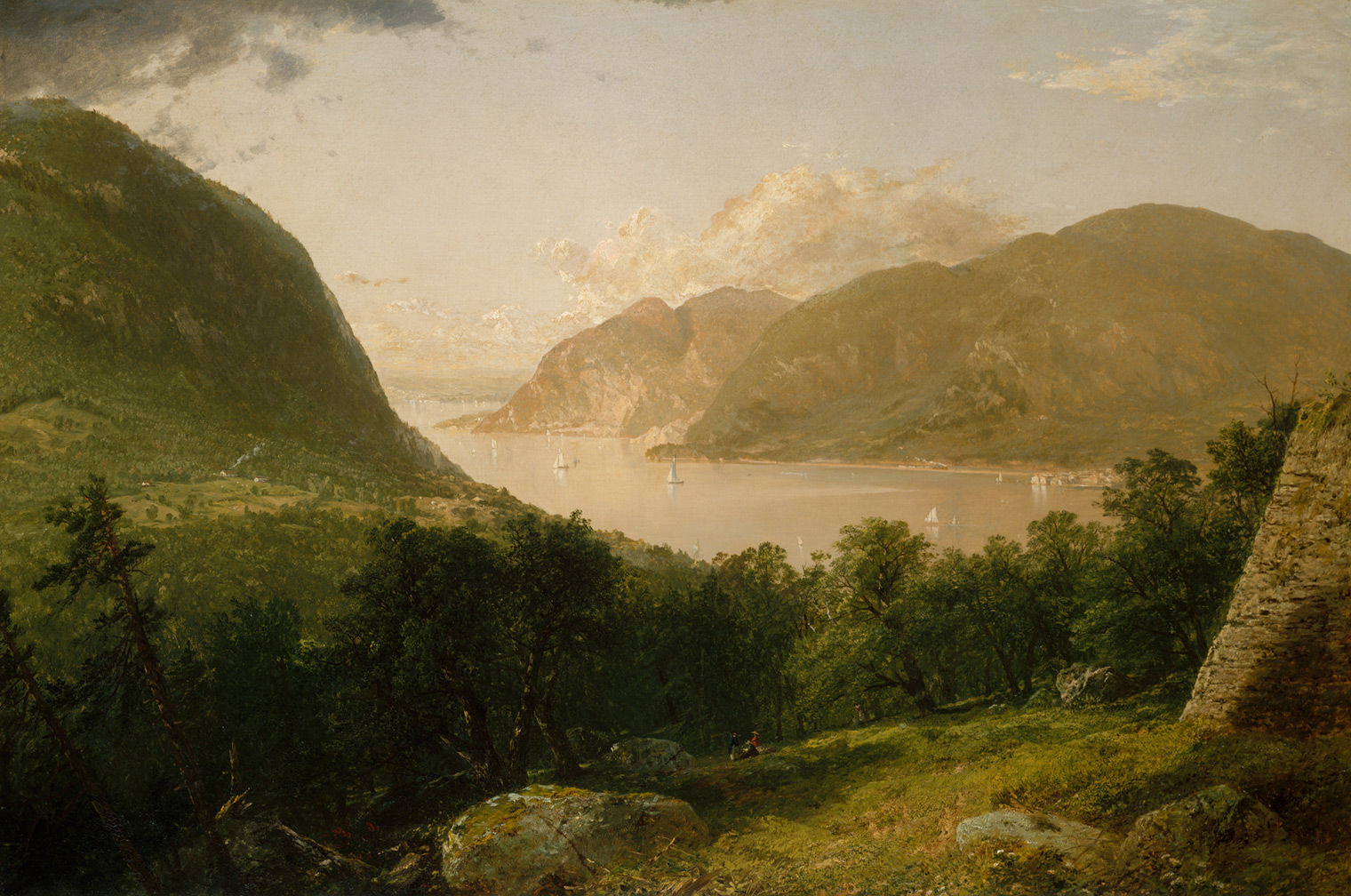 A painting of a wide river carving through mountains, with clouds