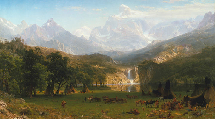 A painting of a landscape with mountains and a waterfall, and Native Americans camped in the foreground