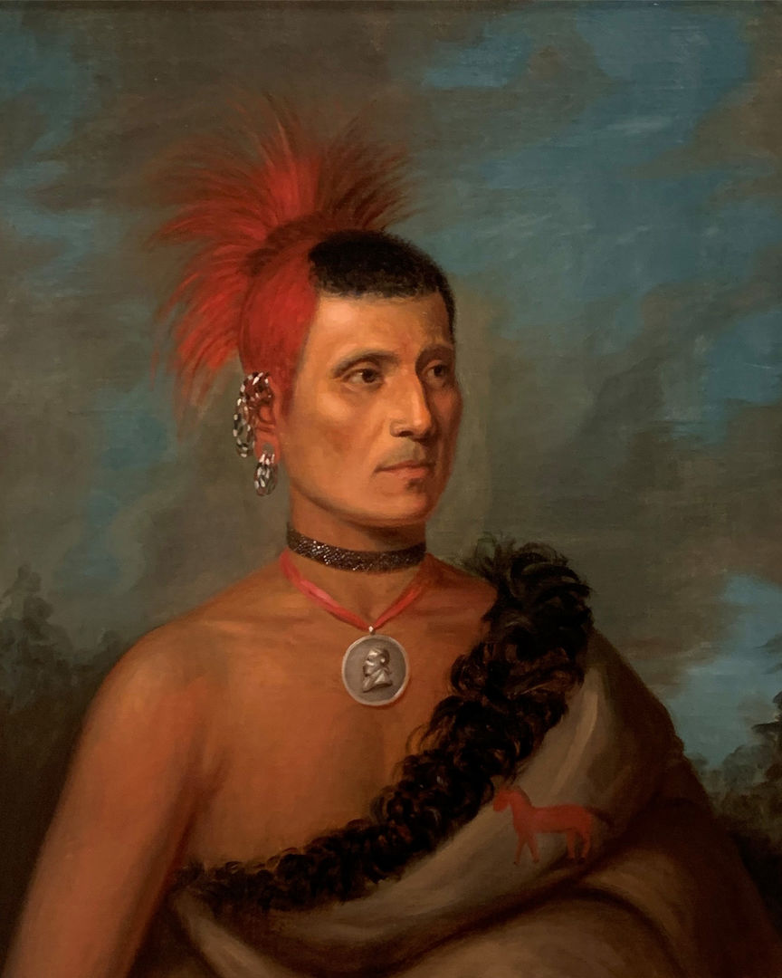 A painted portrait of a man with earrings and feathers in his hair