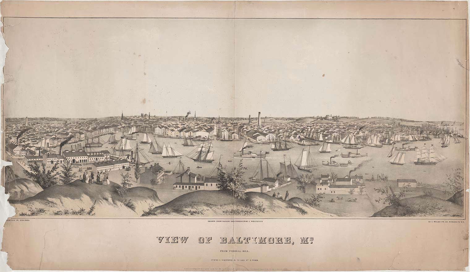 Lithograph of a mid-19th-century view of the Baltimore harbor with sailboats