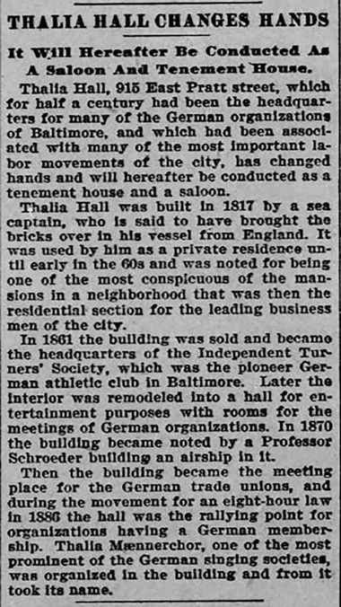 Newspaper clipping from The Balitmore Sun (1900) with headline reading, "Thalia Hall Changes Hands: It Will Hereafter Be Conducted As A Saloon And Tenement House."