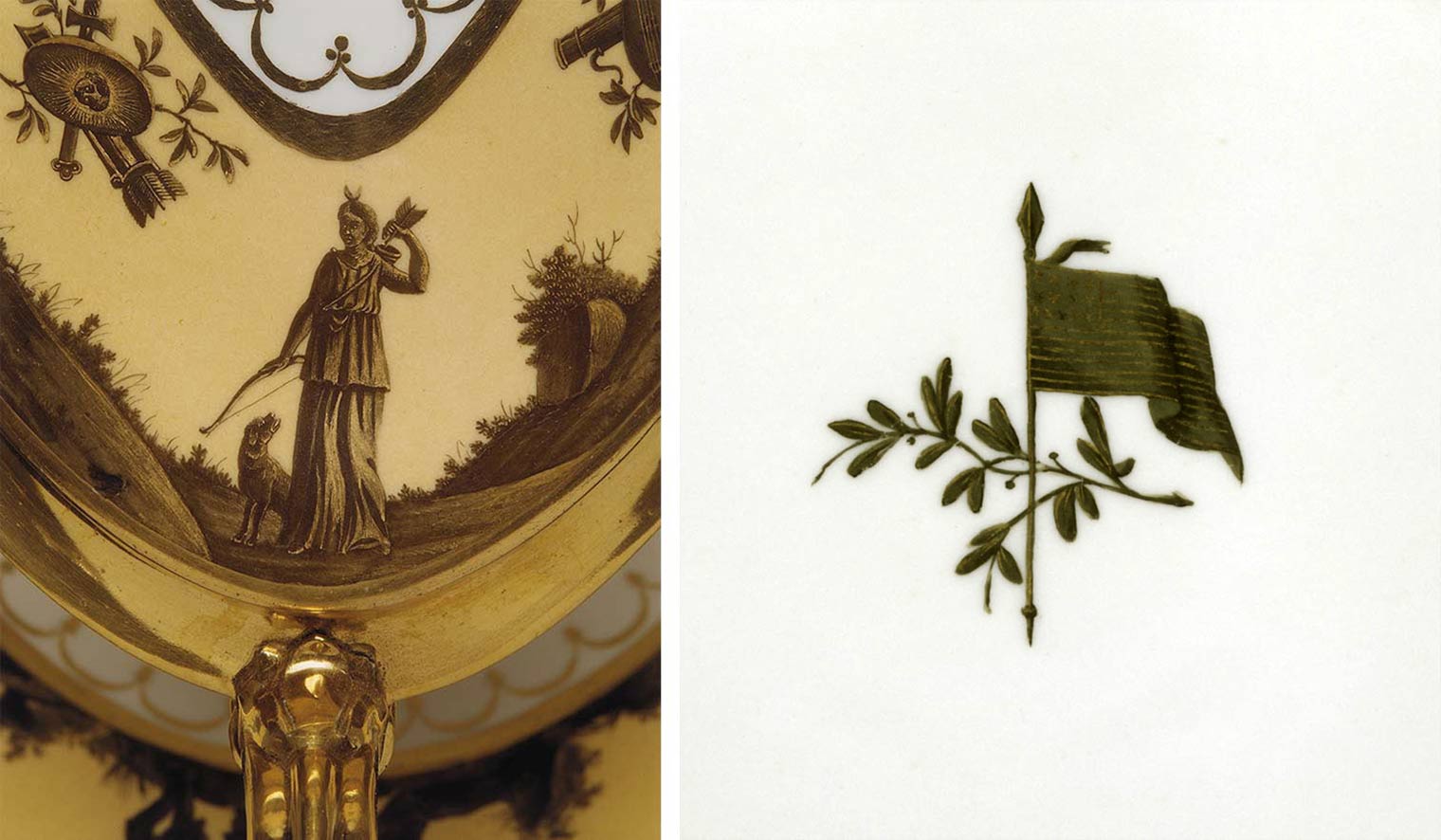 Composite image. On left, a detail from a porcelain tureen depicting an Indigenous woman with a bow and arrow and a dog at her feet. On right, a detail from a porcelain plate depicting an American flag with a branch