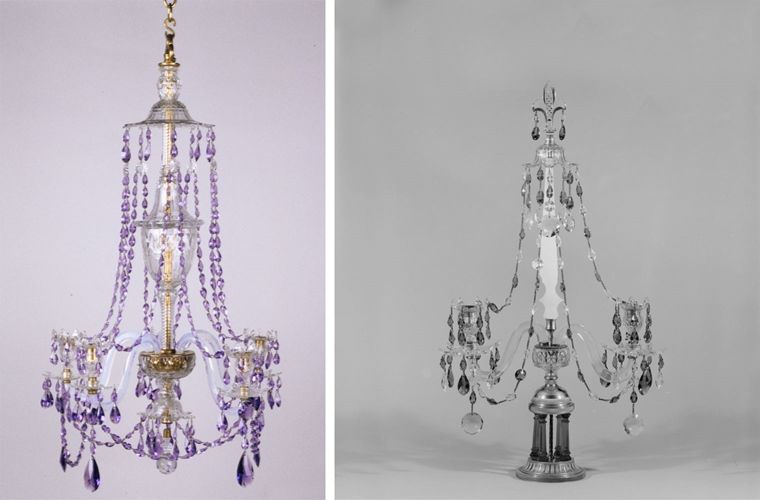Composite image of a chandelier made from amethyst glass and gilt bronze and a similarly styled candelabra in black-and-white