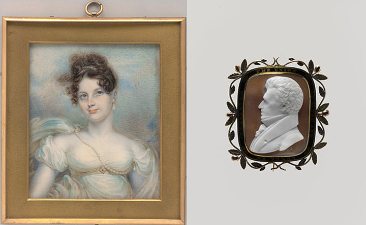 Composite image of an early 19th-century portrait of a woman in muted blues, pinks, and cream and a cameo of Andrew Jackson in profile