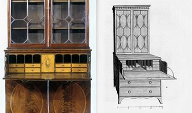 Left: Interior of secretary showing its marquetry shell. Right: Plate 44 in George Hepplewhite's "Cabinet-Maker arid Upholsterer's Guide" (1788)