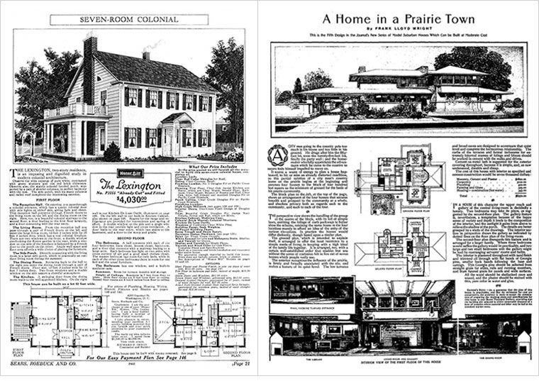 Two black and white archival clippings, one depicting a Colonial Revival-style house, the other a Prairie School design by Frank Lloyd Wright