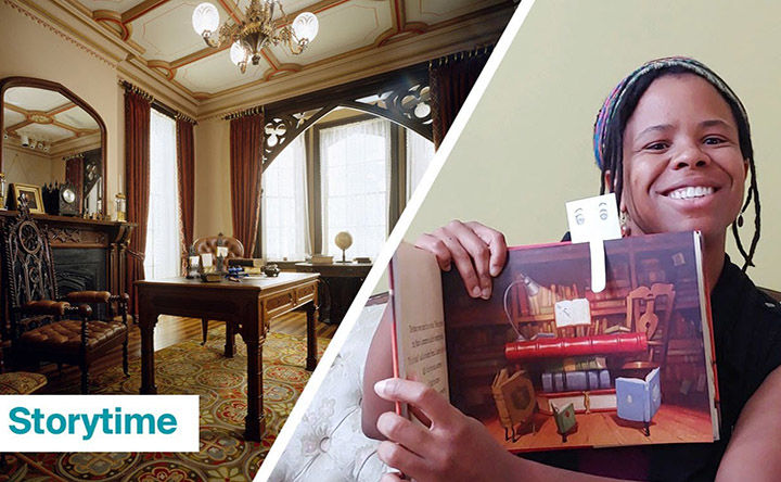 Left: The Gothic Revival Library; Right: A woman reading a children's book to a camera