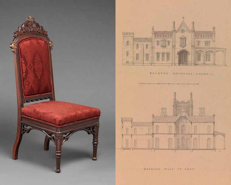 Left: An upholstered wooden side chair: Right: A architectural sketch of a 19th century Hudson Valley home by Alexander Jackson Davis