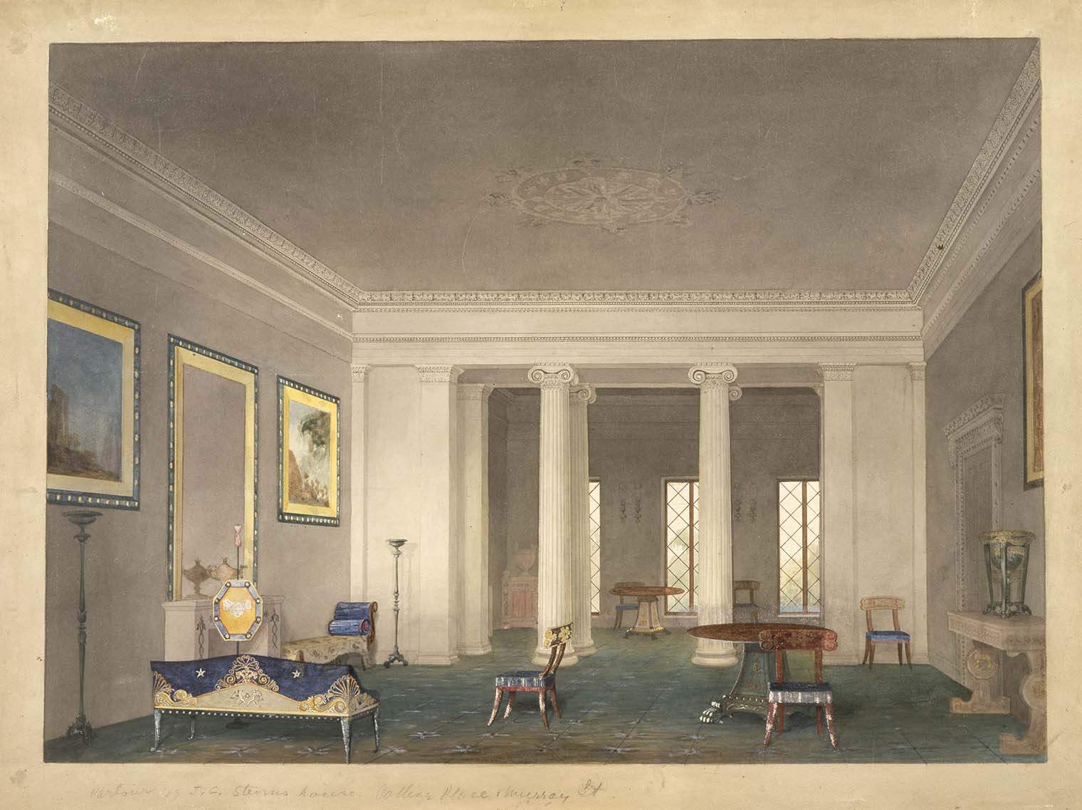 A watercolor painting of a double parlor in New York City by Alexander Jackson Davis. From the collection of the New York Historical Society.