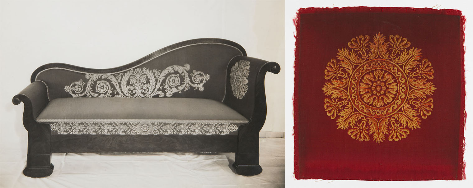 Left: The couch with it's floral upholstery; Right: A cut sample of the upholstery