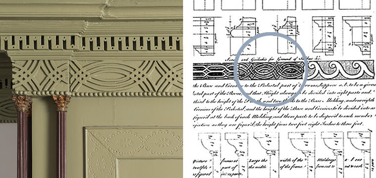 Detail of the overmantel in the Haverhill Room and a detail from a design book showing the inspiration for the design