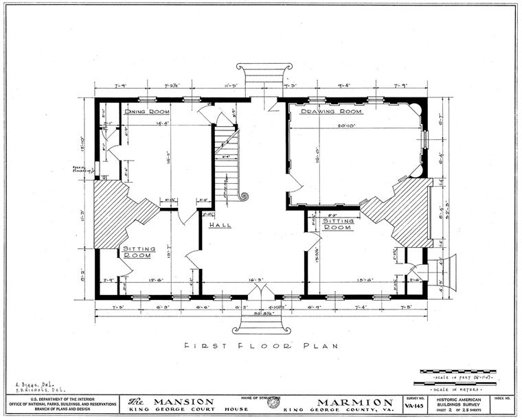 The floor plan of the first floor of the Marmion House. From the Library of Congress.