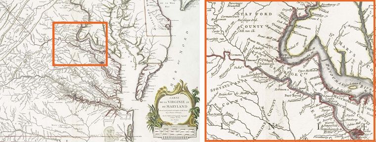 King George County, Virginia, as shown on a 1775 map by Joshua Fry and Peter Jefferson. 