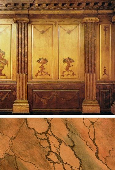 Top: Two wall panels from the Marmion Room at the Met decorated with paintings of flowers in vases flanked by ionic pilasters; Bottom: A detail from Nathaniel Whittock's book "The Decorative Painters' and Glaziers' Guide" illustrating the process of marbling.