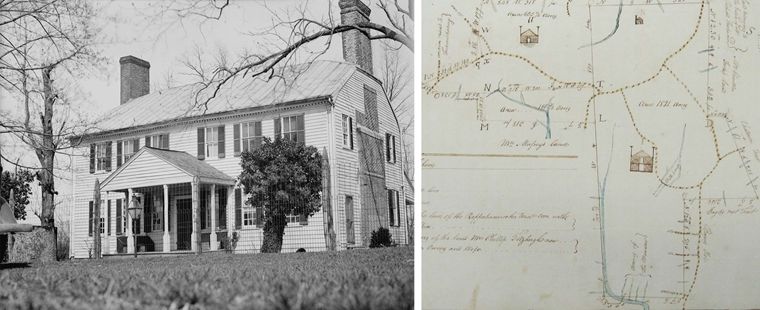 Left: The front facade of the Marmion House in King George County, Virginia; Right: A 1797 land survey which includes a plan of Marmion and the neighboring house. Strawberry Hill. 