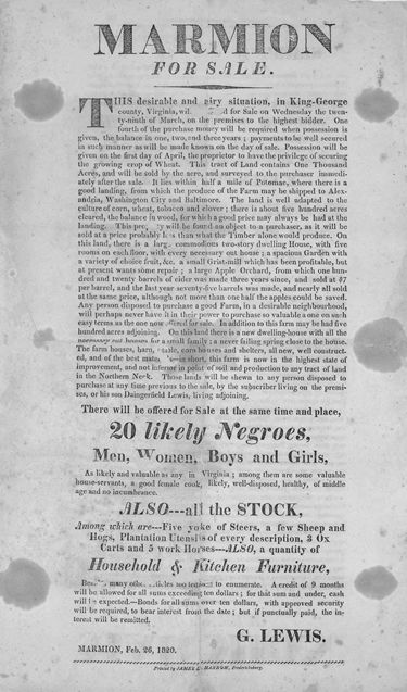 A broadside advertising the sale of Marmion, dated February 26, 1820. Library of Congress.