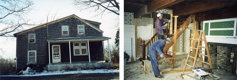 Left: Black house with white shutters and a porch. Right: Two carpenters working in a disheveled home.