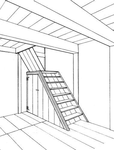 Black-and-white rendering of a short staircase. 