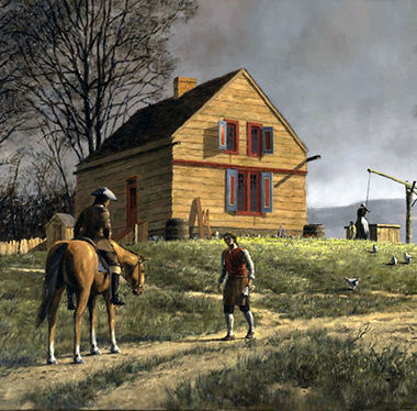 Painting of a yellow house with red shutters, a man on horseback and one on foot in the foreground, woman working in the background. 