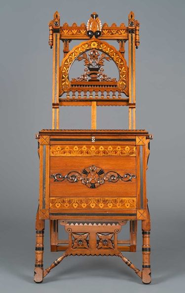 A wooden easel and portfolio stand.