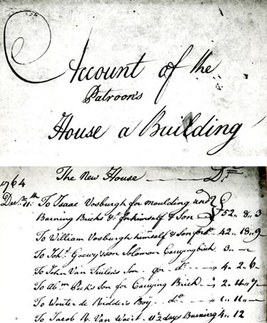 Title page of the Van Rensselaer account book and entry for December 11, 1764, listing the names of craftsmen