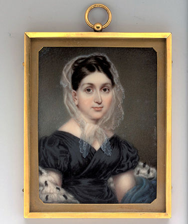 Watercolor portrait of Cornelia Paterson on ivory in ormolu mat and replacement frame