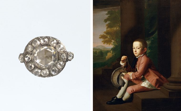 Composite image of a wedding ring and a portrait of a young boy playing with a squirrel