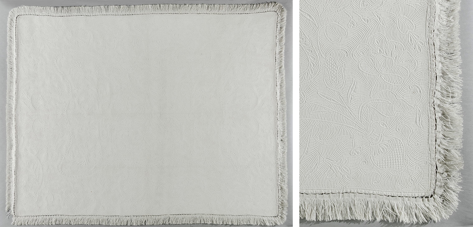 Composite image: White linen and cotton dressing table cover quilt and detail