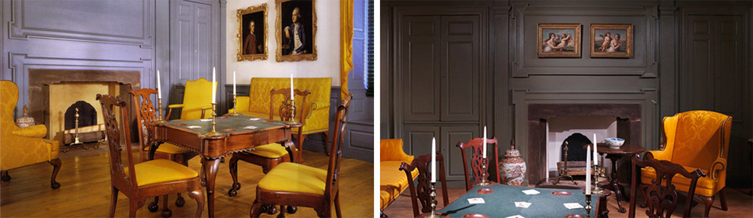 Two views of the Verplanck Room with different colored wall paint