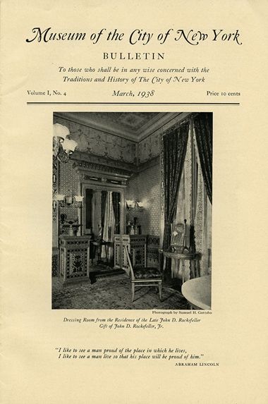 Archival bulletin from the Museum of the City of New York, advertising the Worsham-Rockefeller room with a photograph of the room's interior.