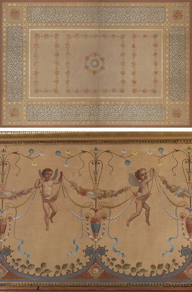 Composite image. On top, painted ceiling of the Worsham-Rockefeller room with symmetrical organic forms. On bottom, a detail from the wall of the Worsham-Rockefeller room featuring two cherubs holding pearls and other organic forms.