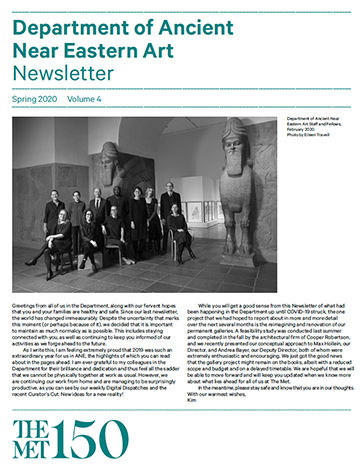 Newsletter with aquamarine font that reads "Department of Ancient Near Eastern Art Newsletter"