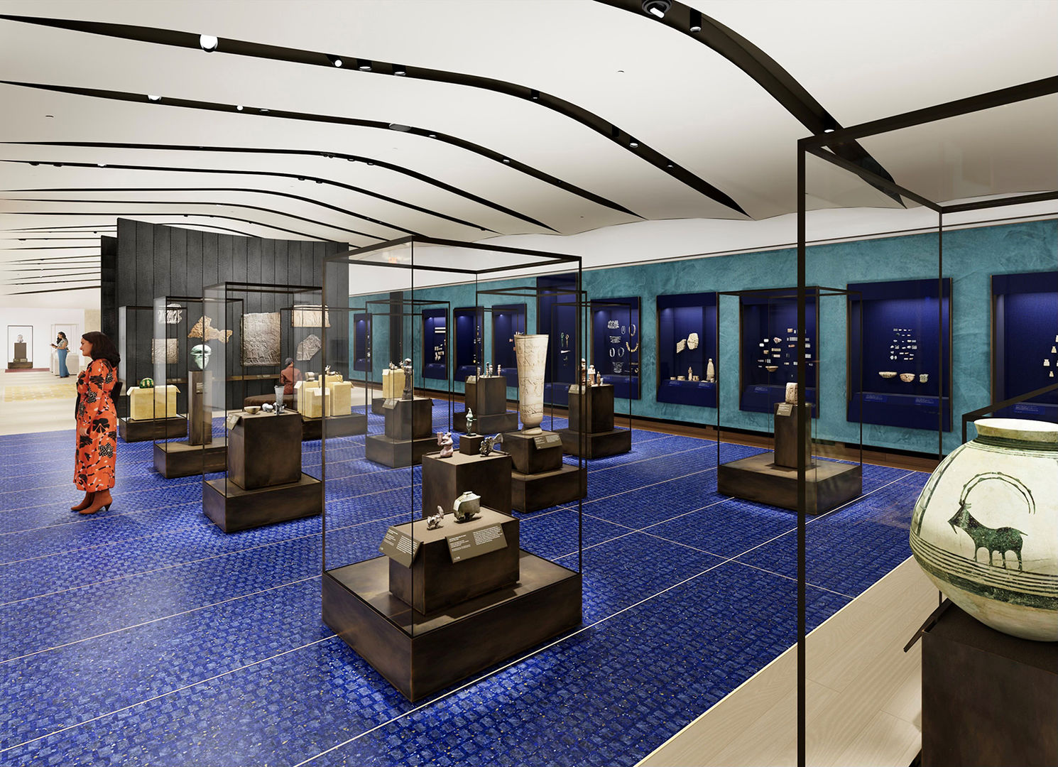 Rendering of the Ancient Near East Galleries with several objects in glass cases and a deep blue tiled floor.