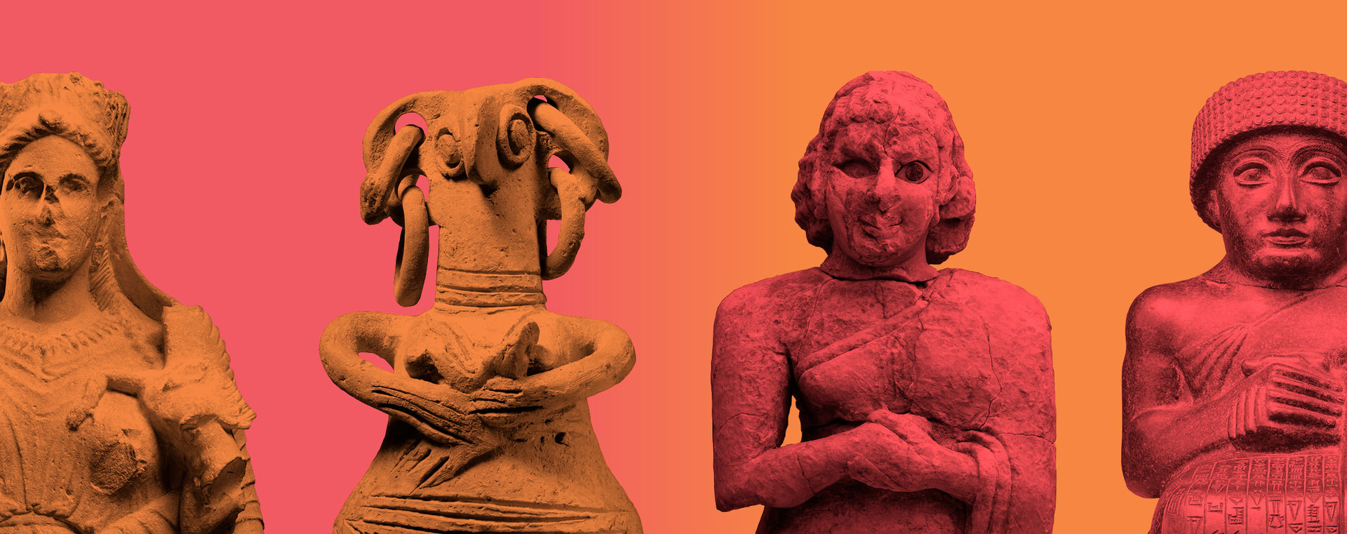 Pink and orange gradient background with stone human and anthropomorphic figures' torsos