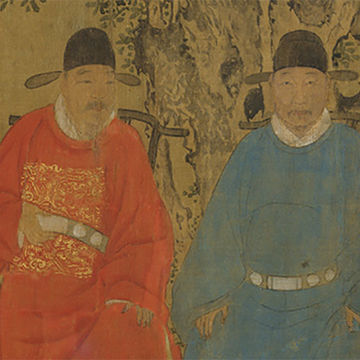 Detail of painting featuring two men, one wearing red robes, the other wearing blue